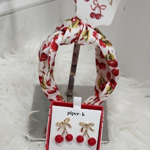 Piper K Cherry Print Headband and Earring Set - Red and White - Picture 1 of 4